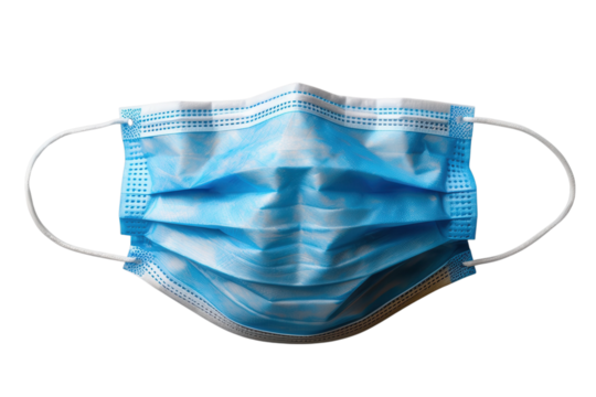 Blue surgical face mask with white ear loops for health and safety needs on transparent background