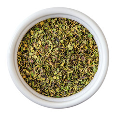 Dried chopped basil in white ceramic bowl Isolated transparent on white background