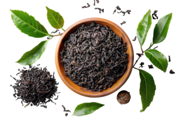 Loose leaf black tea in a wooden bowl with fresh green leaves on transparent background