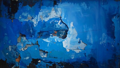Close-up of aged wall with layers of vibrant blue paint, exposing brick and cracks. Textured and weathered look
