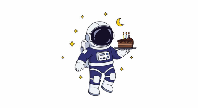 Illustration of an astronaut in a blue spacesuit holding a chocolate cake with candles against a white background with stars and a crescent moon.