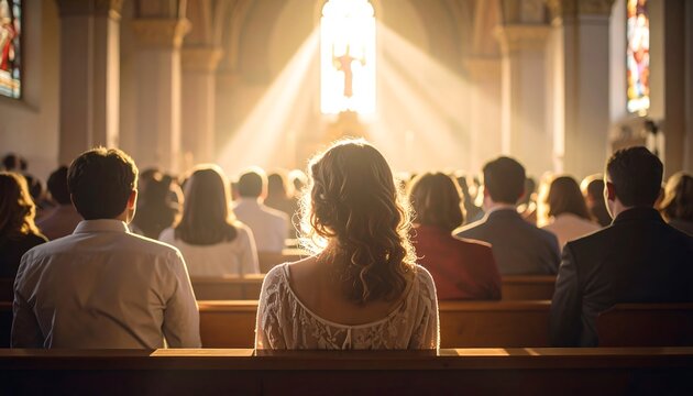 Interior view of a place of worship, with many people seated, backs to the viewer, toward the light
