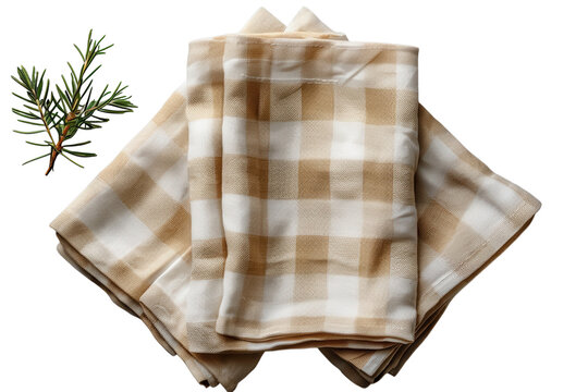 Folded beige and white checkered napkins with rosemary sprig for rustic table setting design style on transparent background