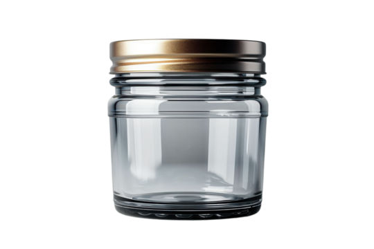 Empty glass jar with a golden lid for food storage solutions on transparent background