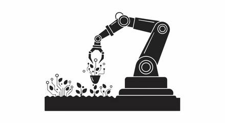 Robotic arm tending to digital plants, symbolizing smart farming and agricultural technology.