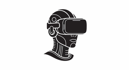 Futuristic robot head wearing a virtual reality headset, exploring new dimensions.