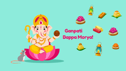 Lord ganesha with sweets and mouse in a festive celebration illustration
