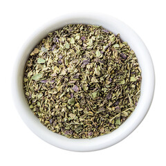 Dried chopped basil in white ceramic bowl Isolated transparent on white background