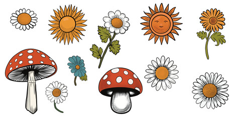 Vintage groovy illustration set featuring sun, mushrooms, and flowers in retro 70s style. Perfect for stickers, posters, textiles, packaging, and digital design projects. 
