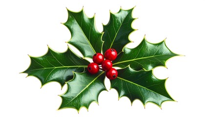 Isolated close-up of a sprig of holly. Vibrant green leaves with spiky edges. Five bright red berries clustered together. Set against a bright white background