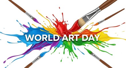 Colorful paint splashes with brushes celebrating world art day graphic design
