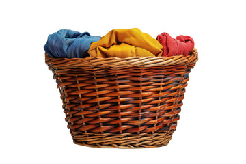Wicker basket filled with colorful folded laundry clothes isolated on Transparent Background