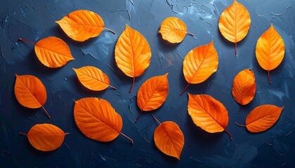 Autumnal Array - Vibrant Orange Leaves on Dark Blue Backdrop.