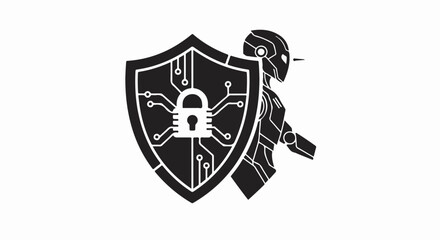 Futuristic robot guarding digital shield with padlock symbol for cybersecurity and data protection