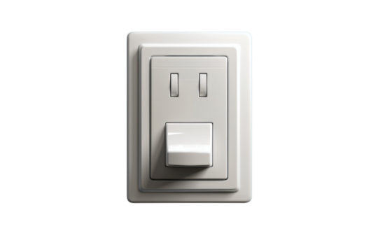 Closeup of a modern white light switch and electrical outlet in a home setting on transparent background