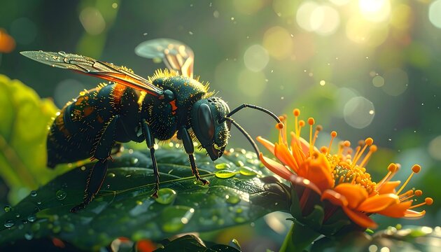 Macro shot capturing a bee, alight on a leaf with an orange flower. Bright sunlight filters through, creating bokeh - Powered by Adobe