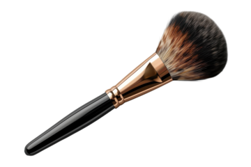 Closeup of a professional makeup brush with black handle and soft bristles on transparent background
