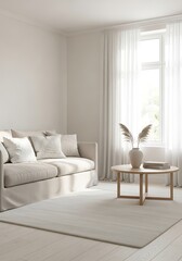 Serene living room showcasing neutral tones and minimalist design, emphasizing tranquility and natural light creating