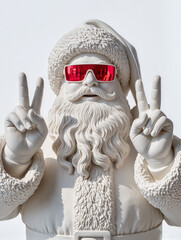 White marble Santa Claus sculpture in vibrant rainbow sunglasses showing peace signs, modern pop art Christmas concept.