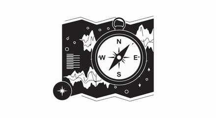 Compass guiding through a stylized map with abstract mountain outlines and stars.