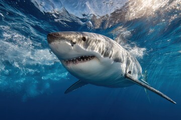 Naklejka premium Majestic great white shark swimming gracefully in crystal-clear waters, showcasing sharp teeth and an open mouth, while shimmering surface reflects captivating blue hues of the vibrant ocean