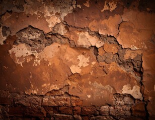 Close-up of aged, weathered wall, revealing layers of peeling plaster and exposed brick beneath. Textured, detailed background