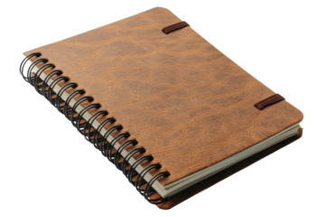 Stylish brown leather notebook with spiral binding perfect for journaling and notetaking on the go on transparent background