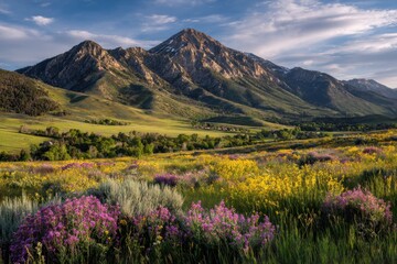 Vibrant mountain landscape featuring colorful flowers, lush hills, majestic peaks, and a serene sky, perfect for nature enthusiasts and scenic photography lovers