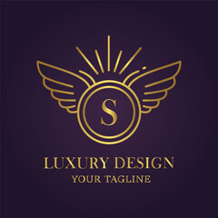 Sophisticated golden emblem featuring wings and the letter s, representing luxury, prestige, and highend brands, ideal for corporate identity