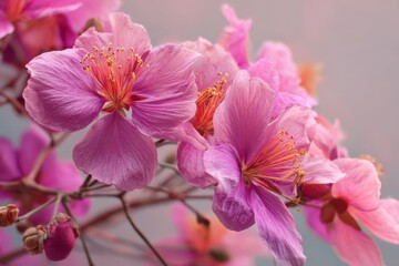 Obraz premium Delicate Pink Blossoms with Golden Stamens in Romantic Soft Focus Background