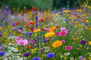 Vibrant flower field showcasing a variety of blossoms in bright yellow, pink, purple, and orange tones over lush green grass, creating a picturesque and colorful landscape filled with tranquility