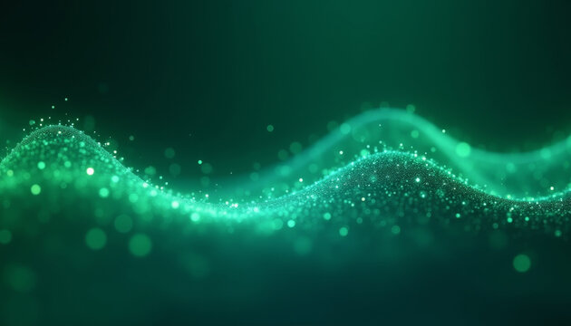 Abstract glowing green wave with bokeh and particles, digital art, futuristic technology background
