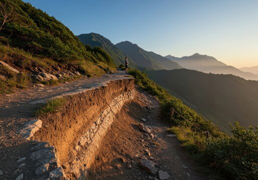 Eroding mountain path showing severe structural damage and risk of collapse near a precipitous cliff edge, highlighting unforeseen hazard, caution, broken, vertical