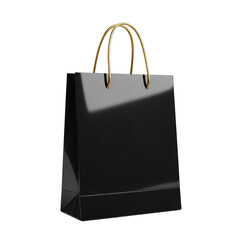 Elegant black shopping bag with gold handles, unbranded, perfect for luxury retail, Black Friday, holiday sales, and premium e-commerce promotions. Isolated on transparent background for...