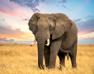Obraz premium Majestic African elephant stands tall in a golden field, backlit by a vibrant sunset sky. A truly wild moment