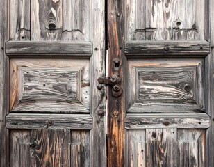 Close-up of aged, weathered wooden double doors. Showcasing visible grain, ornate panels, rusty hardware and a distressed appearance