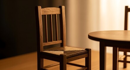 Warm ambiance of wooden chair and table setting in the gentle light