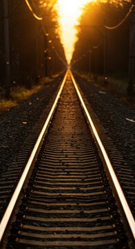 Parallel steel railway tracks stretch toward the distance, glowing brightly under the warm, intense light of the late afternoon sun, travel, precision, steel