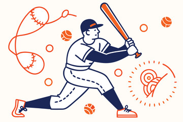 Baseball player swinging bat with ball and baseball glove
