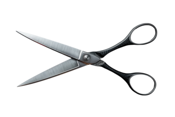 Open scissors with silver blades and black handles create a cutting tool concept on transparent background