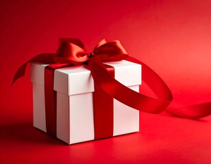 Elegant White Gift Box with Red Ribbon on Red Background.
