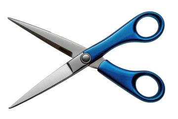 Blue handled scissors with stainless steel blades are open against a for cutting tasks on transparent background
