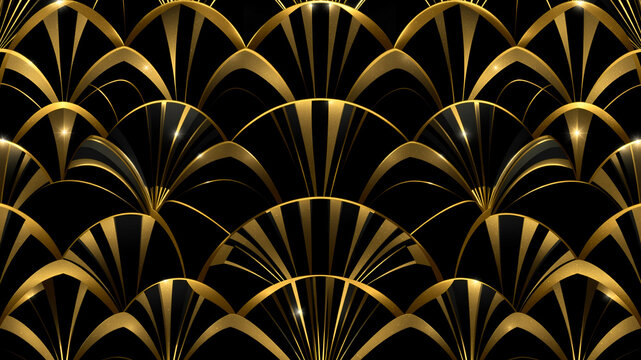 Fototapeta black and gold Art Deco pattern with repeating fans, glitter, and metallic lines