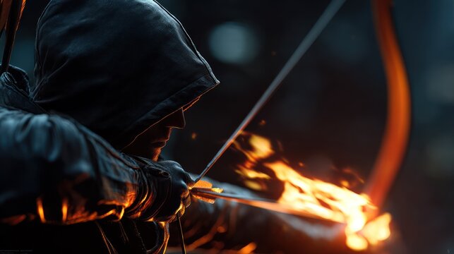 Archer with flaming arrow aiming at target against a transparent background
