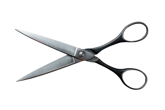 Open scissors with silver blades and black handles create a cutting tool concept on transparent background