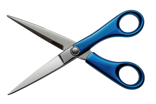 Blue handled scissors with stainless steel blades are open against a for cutting tasks on transparent background