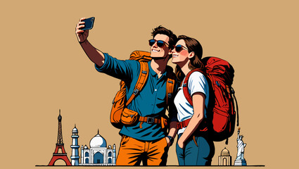 Couple taking selfie while traveling with backpacks near world landmarks