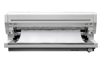 White paper sheet being fed into a modern and professional document binding machine in an office setting on transparent background