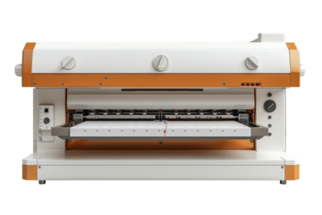 Industrial paper cutter machine with precise cutting mechanism and safety features on transparent background