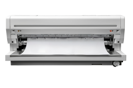 White paper sheet being fed into a modern and professional document binding machine in an office setting on transparent background